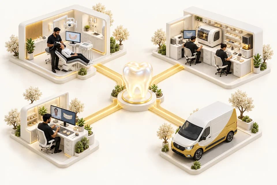 A clinic, dental lab, delivery van and technician connected through Medax